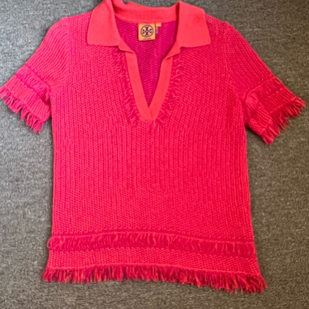 Orange and pink fringe knit Tory Burch short sleeve sweater blouse
